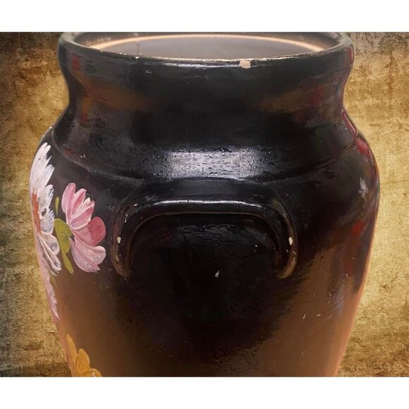 Vintage Hand Painted Pottery Jar Black Glaze Floral Folk Art Vase Rustic Décor - Picture 8 of 8